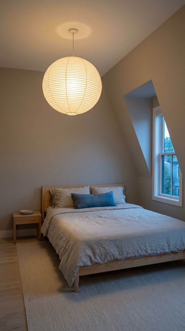 Round rice paper lantern pendant hanging low over a low ash bed at dusk