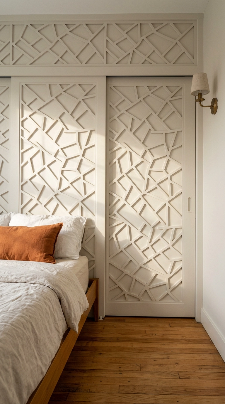 Closet doors fitted with white geometric lattice fretwork panels casting afternoon shadows