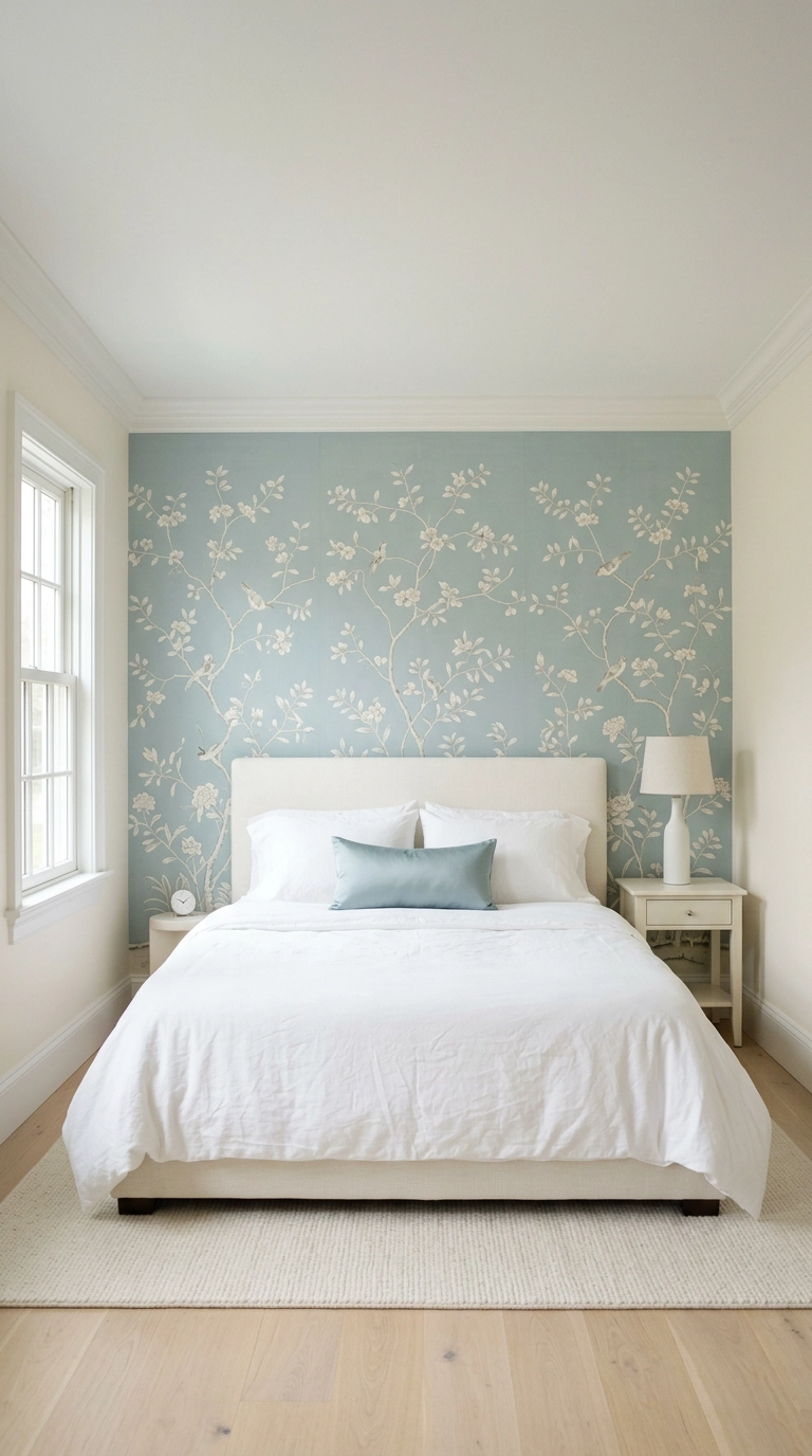 Bedroom accent wall in duck-egg blue chinoiserie wallpaper behind an ivory upholstered bed