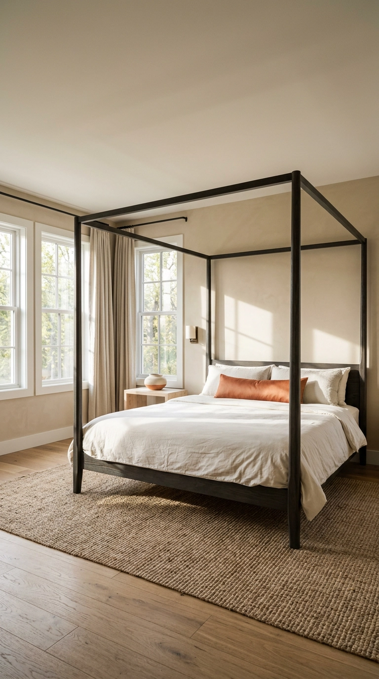 Slim dark ash four-poster canopy bed left undraped in a bright sand-walled bedroom