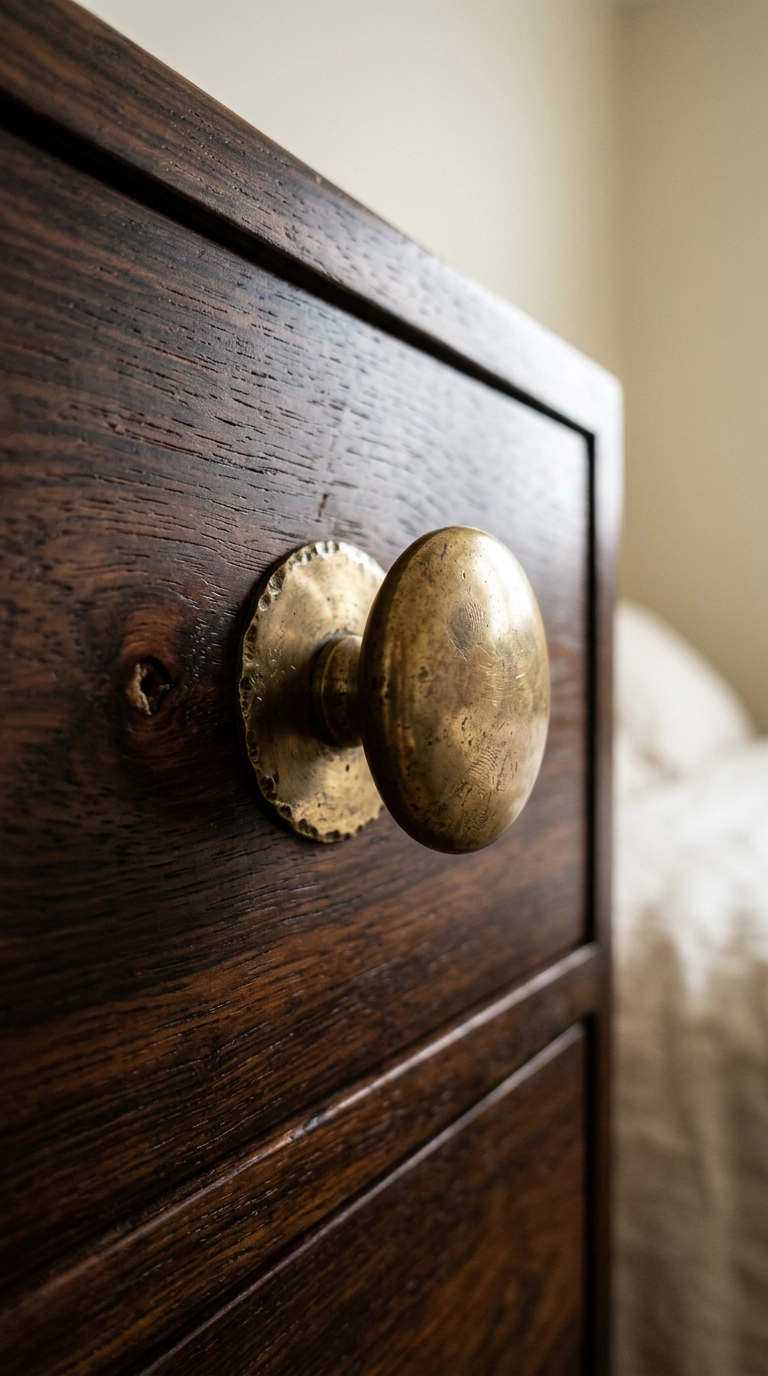 Close-up of an unlacquered brass drawer pull with warm patina on a dark rosewood dresser