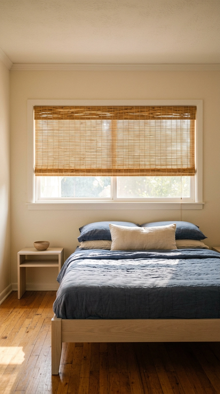 Woven honey bamboo blind filtering afternoon light onto a low ash bed with indigo bedding