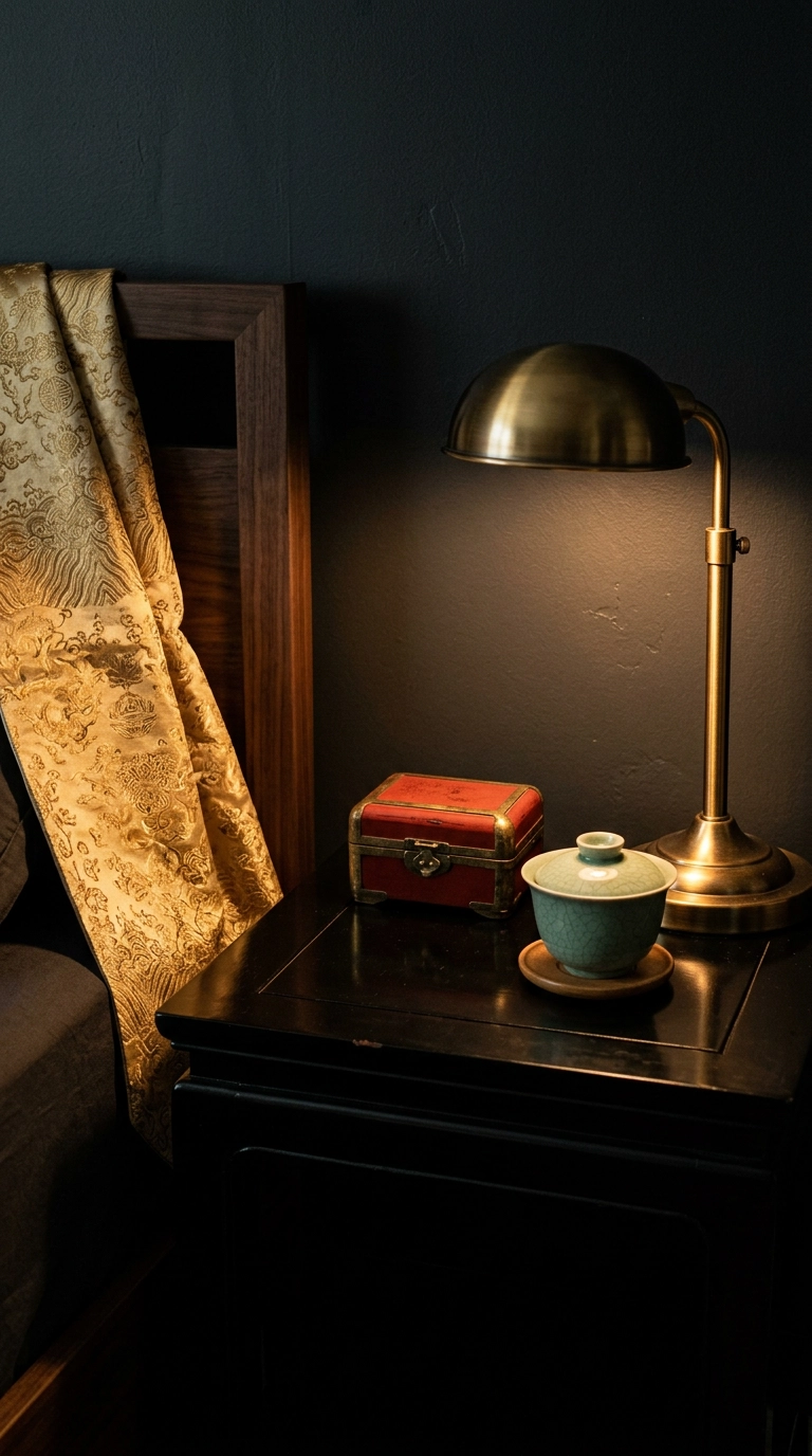 Bedside vignette with cinnabar red lacquer box, brass lamp and gold brocade on dark walnut