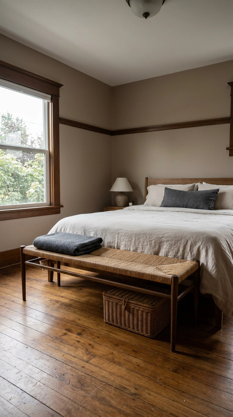 Low elm bench with a woven rush seat at the foot of a bed in a craftsman bedroom