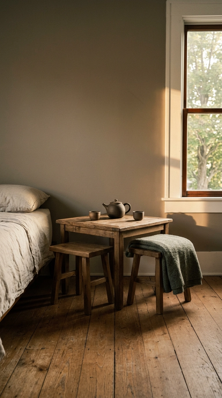 Low elm tea table with two stools and a dark clay teapot in a warm evening bedroom corner