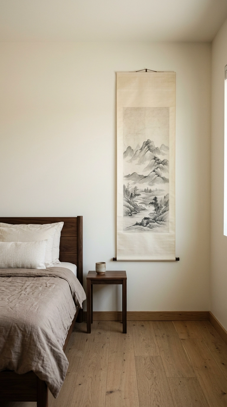 Vertical ink-wash landscape scroll hung low on a bone-white bedroom wall above a walnut bed