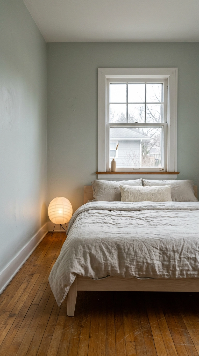 North-facing bedroom painted soft celadon green with pale ash bed and linen bedding