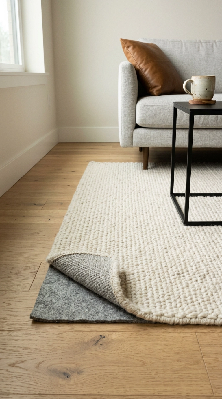 Thick wool rug over a dense felt pad in a condo living room to reduce sound transfer