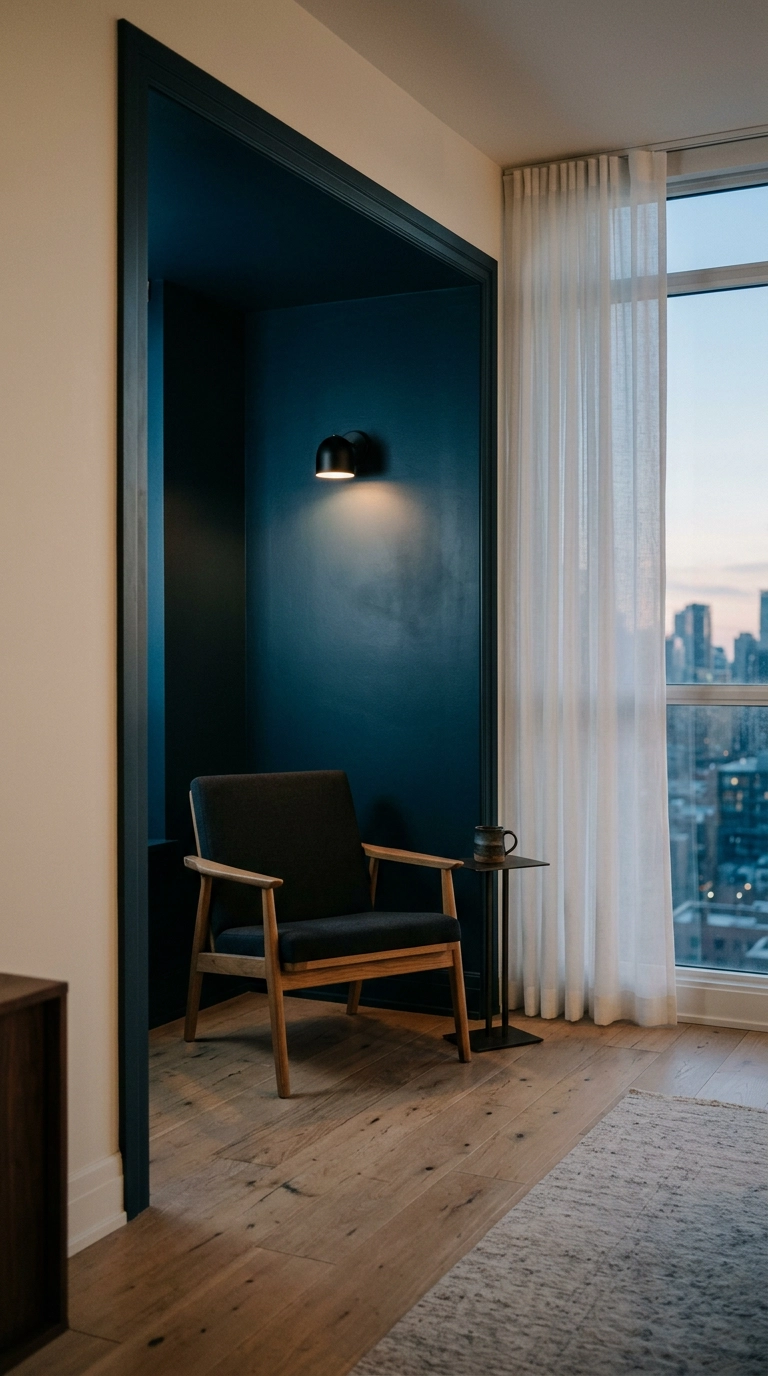 Condo living room alcove color drenched in deep blue paint to create built-in architecture