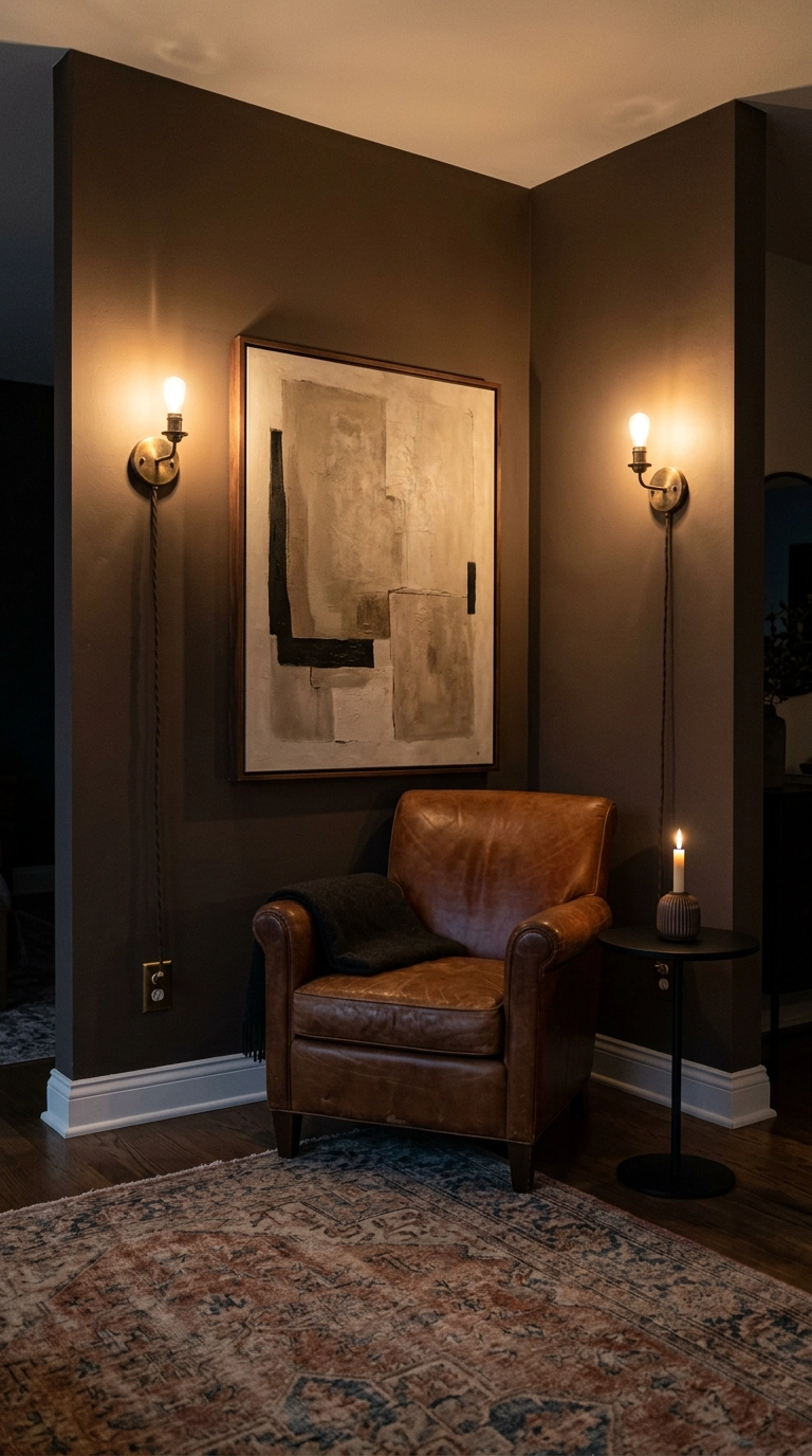 Plug-in brass sconces flanking leaned art in a condo living room corner at night