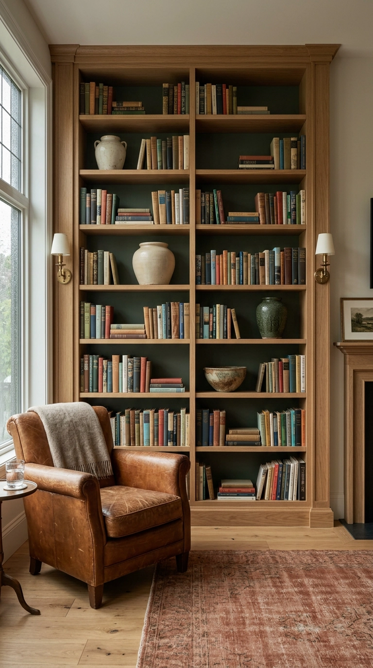 Full-height oak bookcase along a condo living room shared wall to absorb neighbor noise