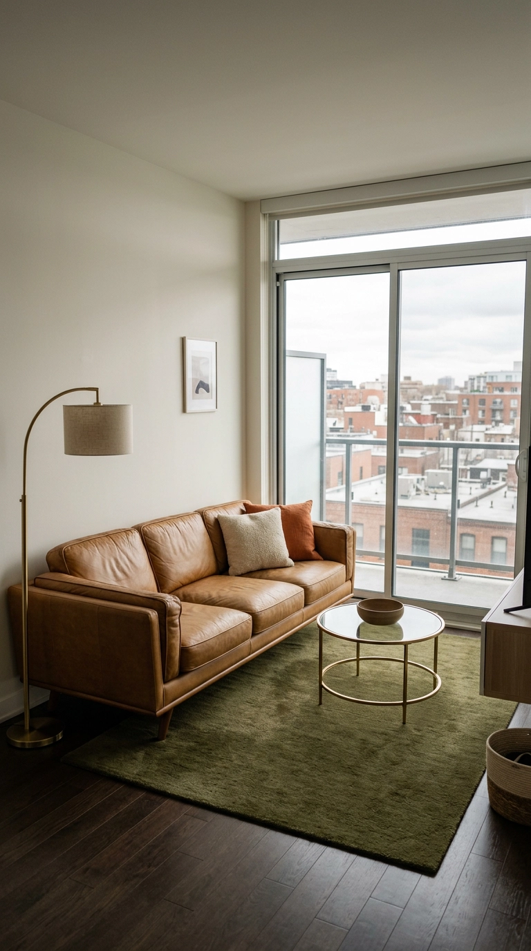 Modular caramel leather sofa in a high-rise condo living room sized for elevator delivery