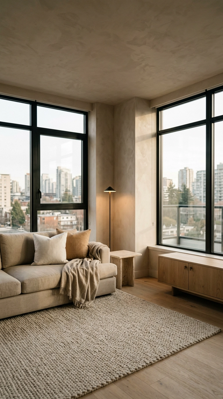 Condo living room wrapped in soft mushroom limewash plaster with tonal linen seating