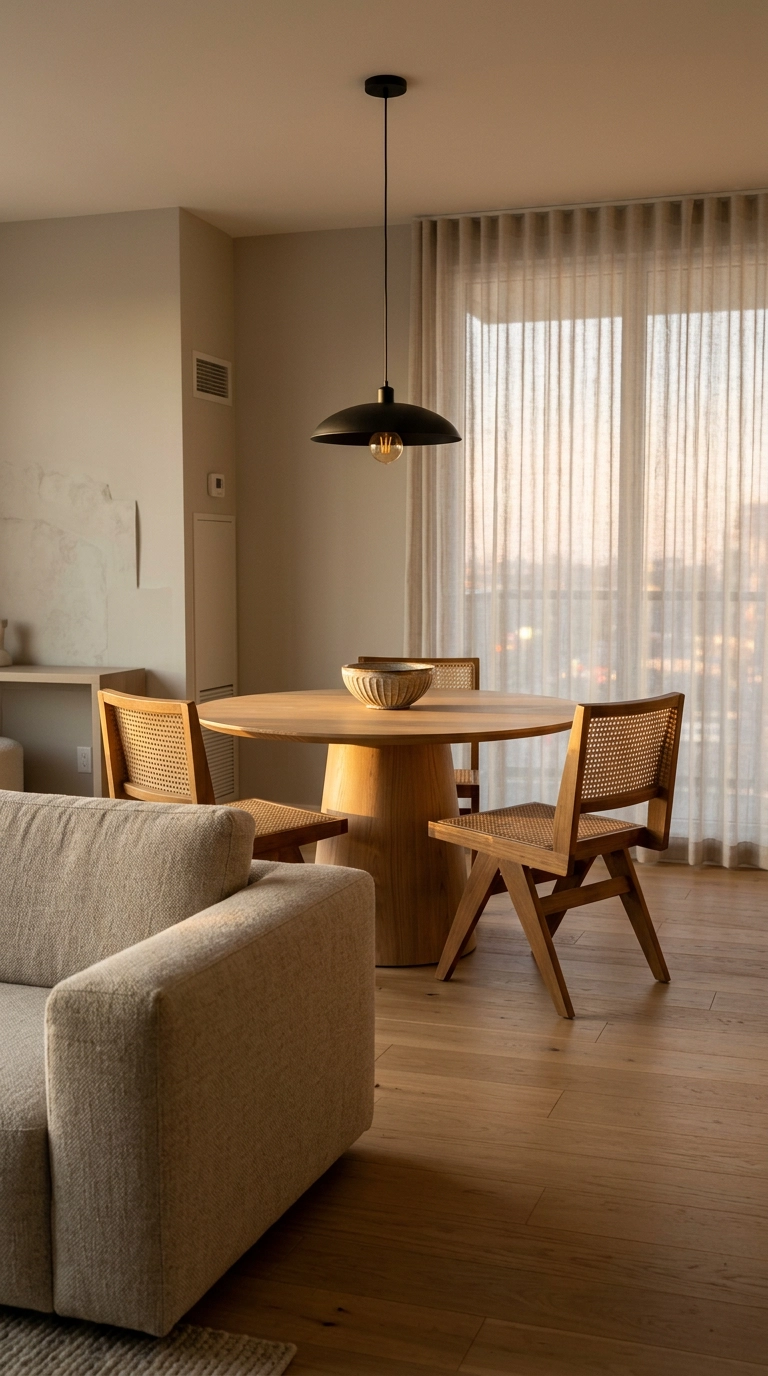 Round oak pedestal dining table viewed from the living zone of an open-plan condo