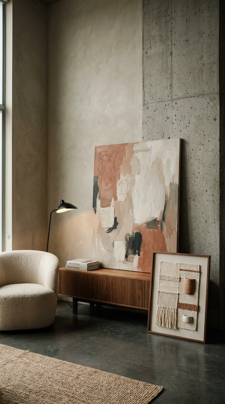 Oversized abstract art leaning against a condo living room wall instead of hanging