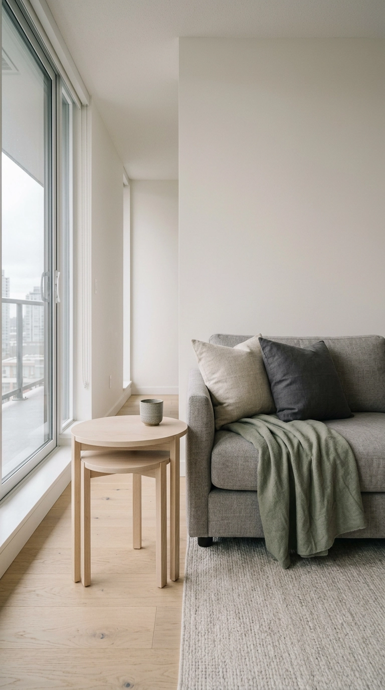 Pale ash nesting tables beside a sofa in a narrow condo living room