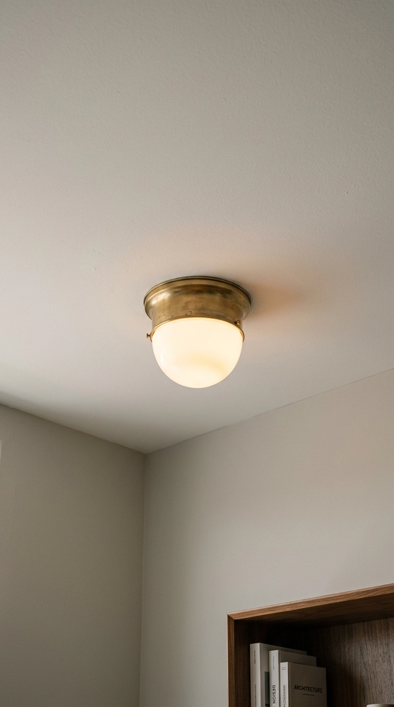Brass flush-mount dome ceiling light replacing a builder-grade condo fixture