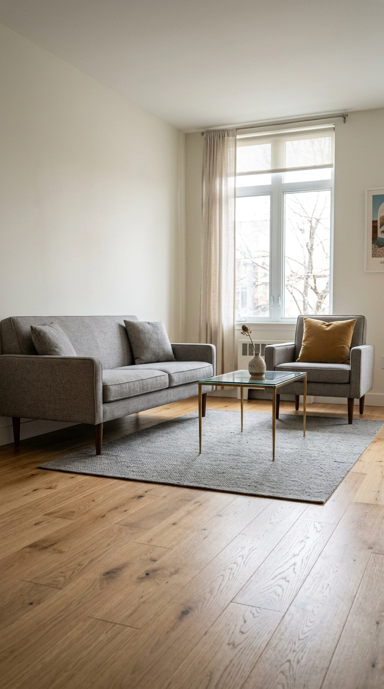 Condo living room furniture on slim legs revealing continuous floor underneath