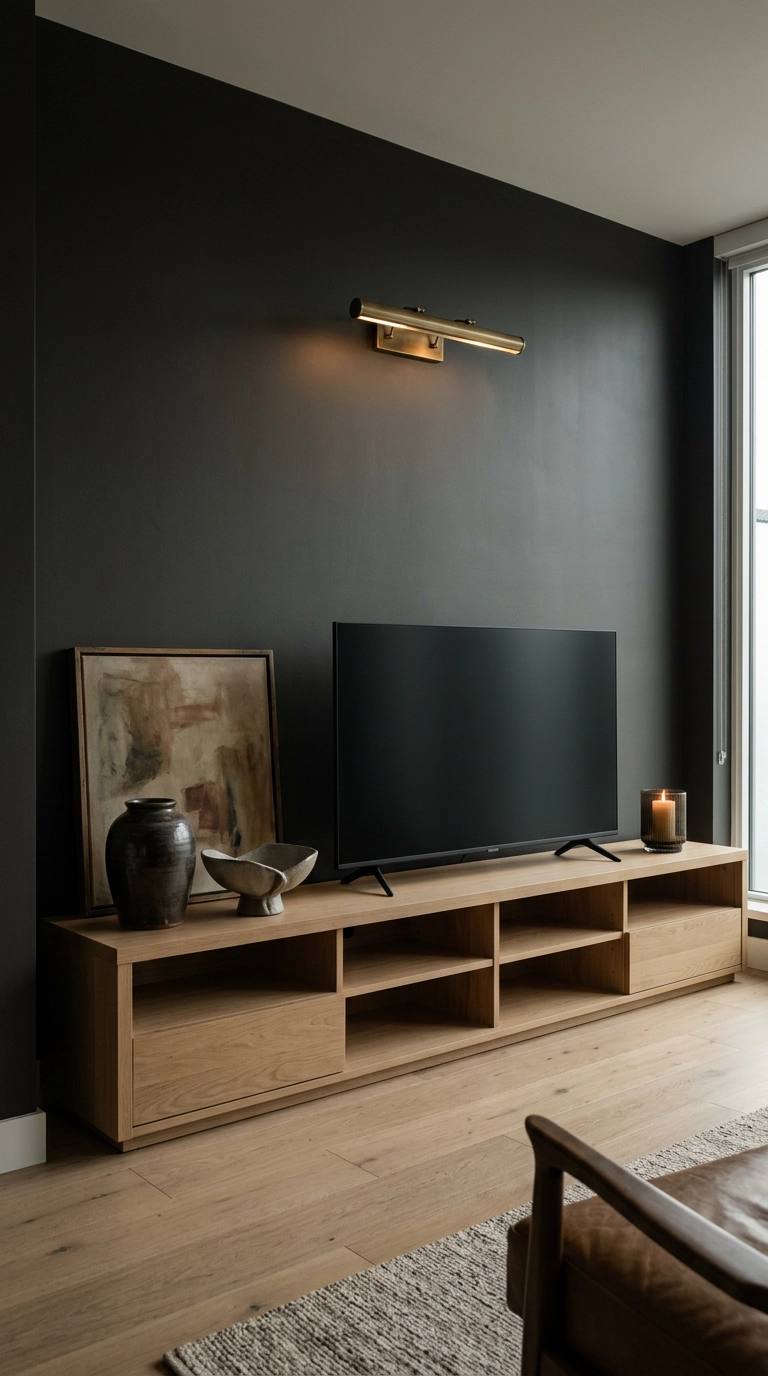 Low oak media console with a TV placed on top against a charcoal condo living room wall
