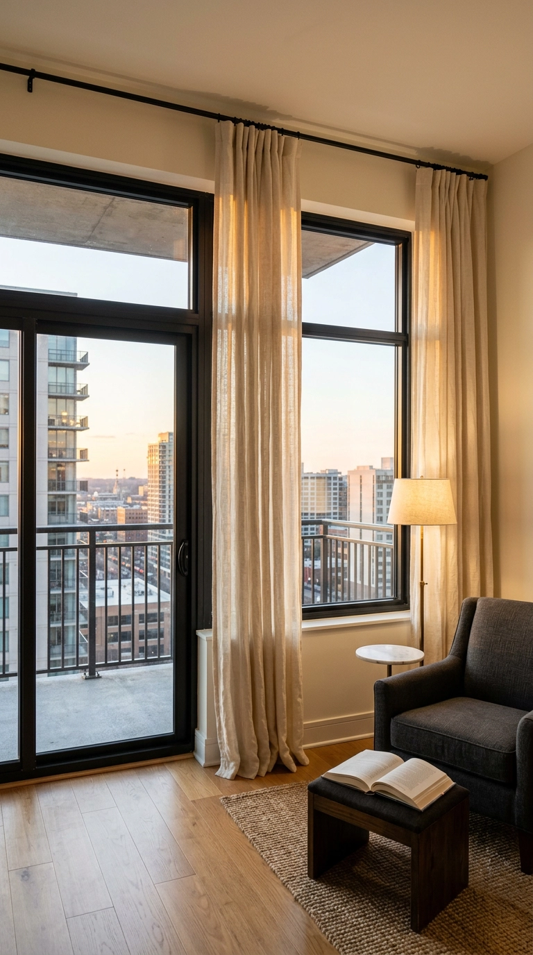 Condo living room curtains hung near the ceiling to make the window wall feel taller