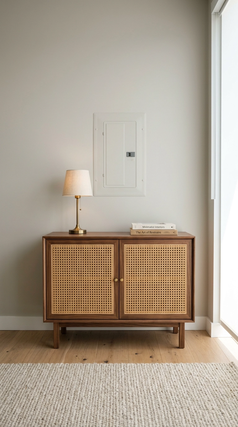 Cane webbing cabinet concealing cords beneath a painted electrical panel in a condo