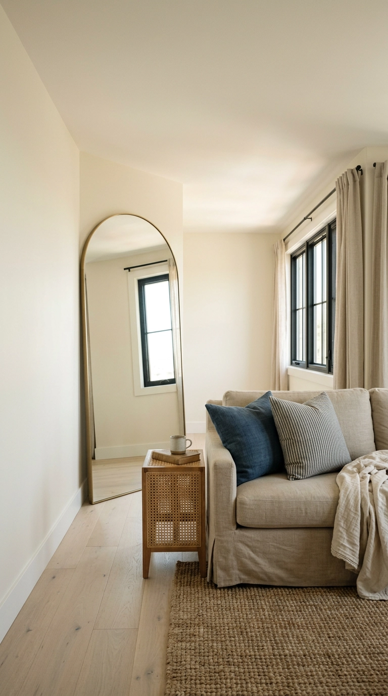 Large arched mirror on the wall opposite condo living room windows to bounce daylight
