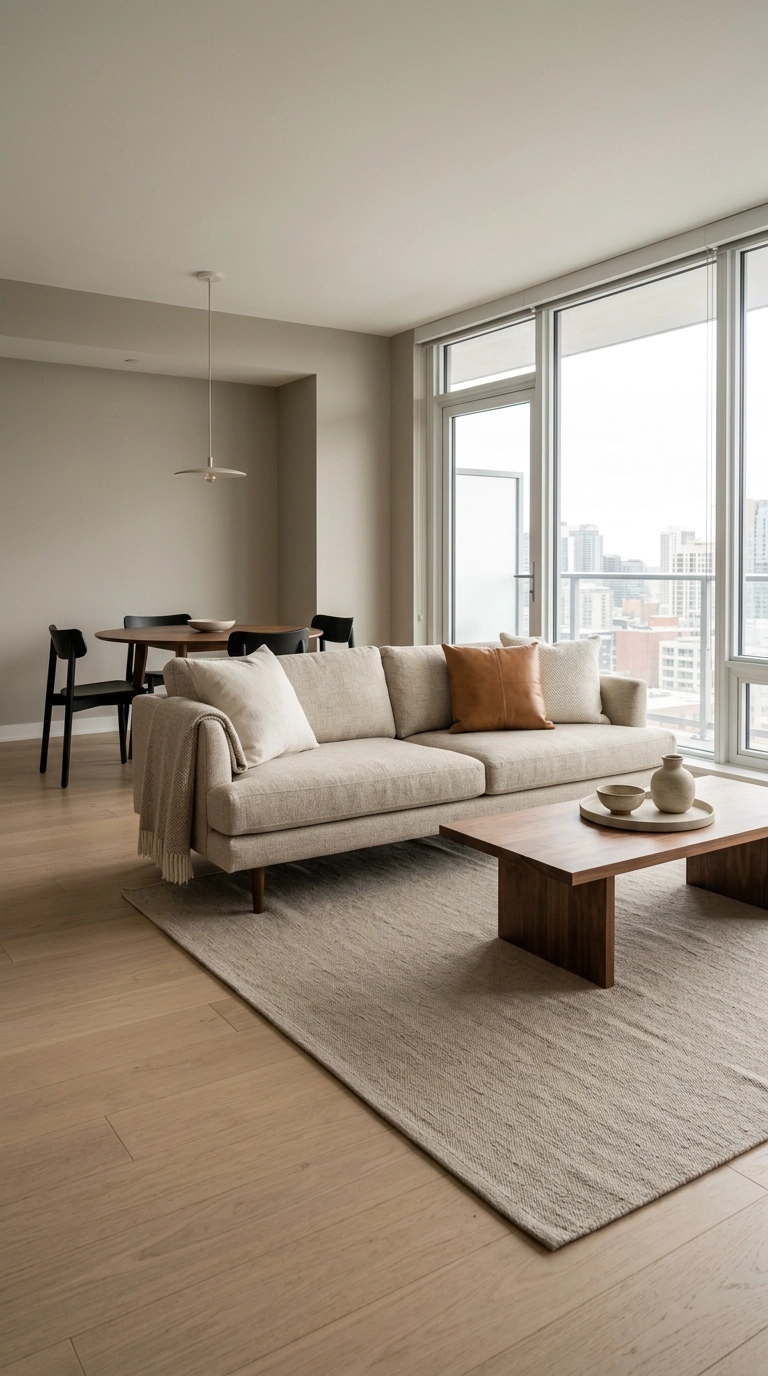 Condo living room with a sofa floating away from the wall to divide living and dining zones
