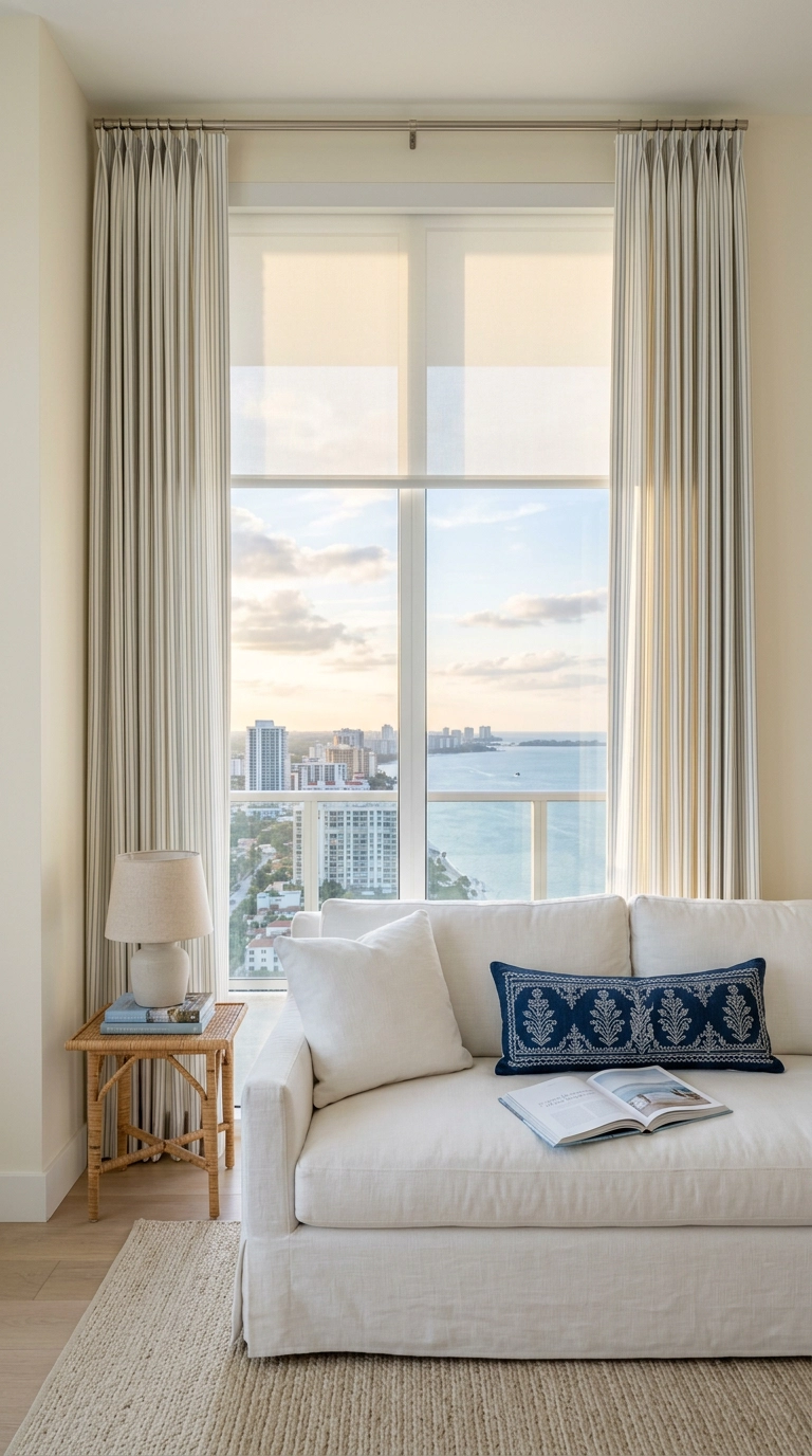 White roller shade layered with striped drapery panels in a condo living room