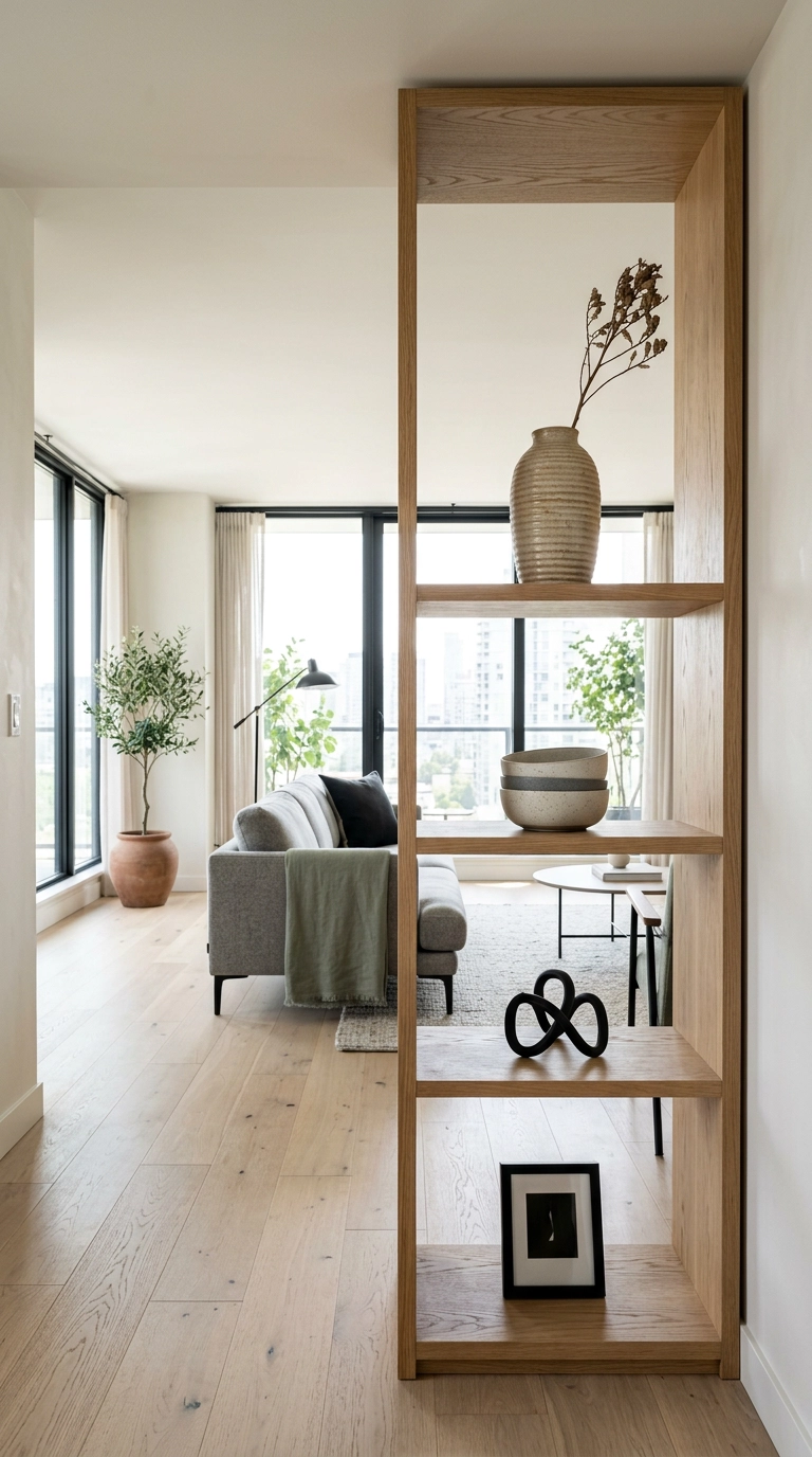 Open-back oak shelving used as a divider between a condo living room and entry
