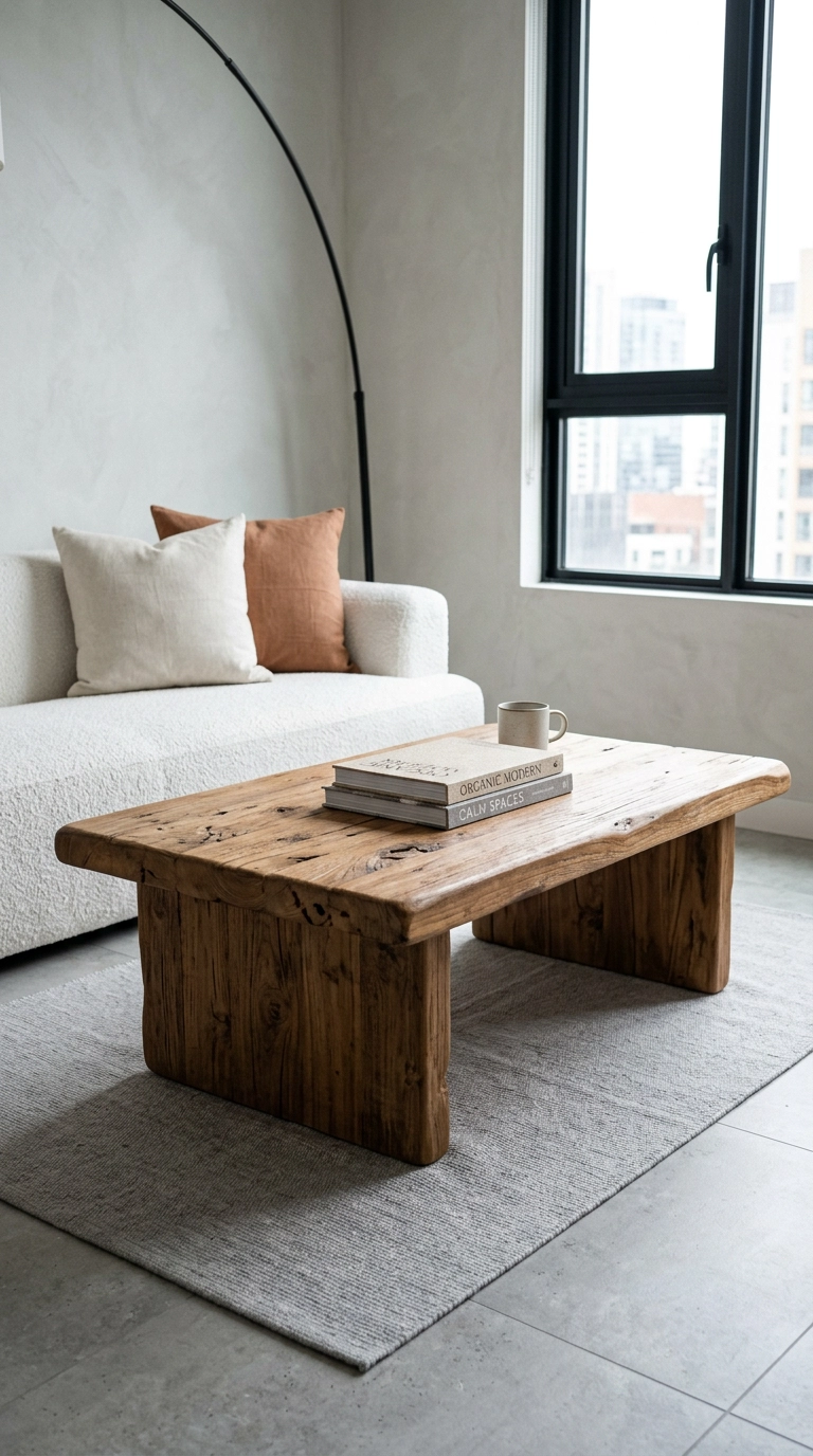 Chunky reclaimed teak coffee table warming a cool grey condo living room