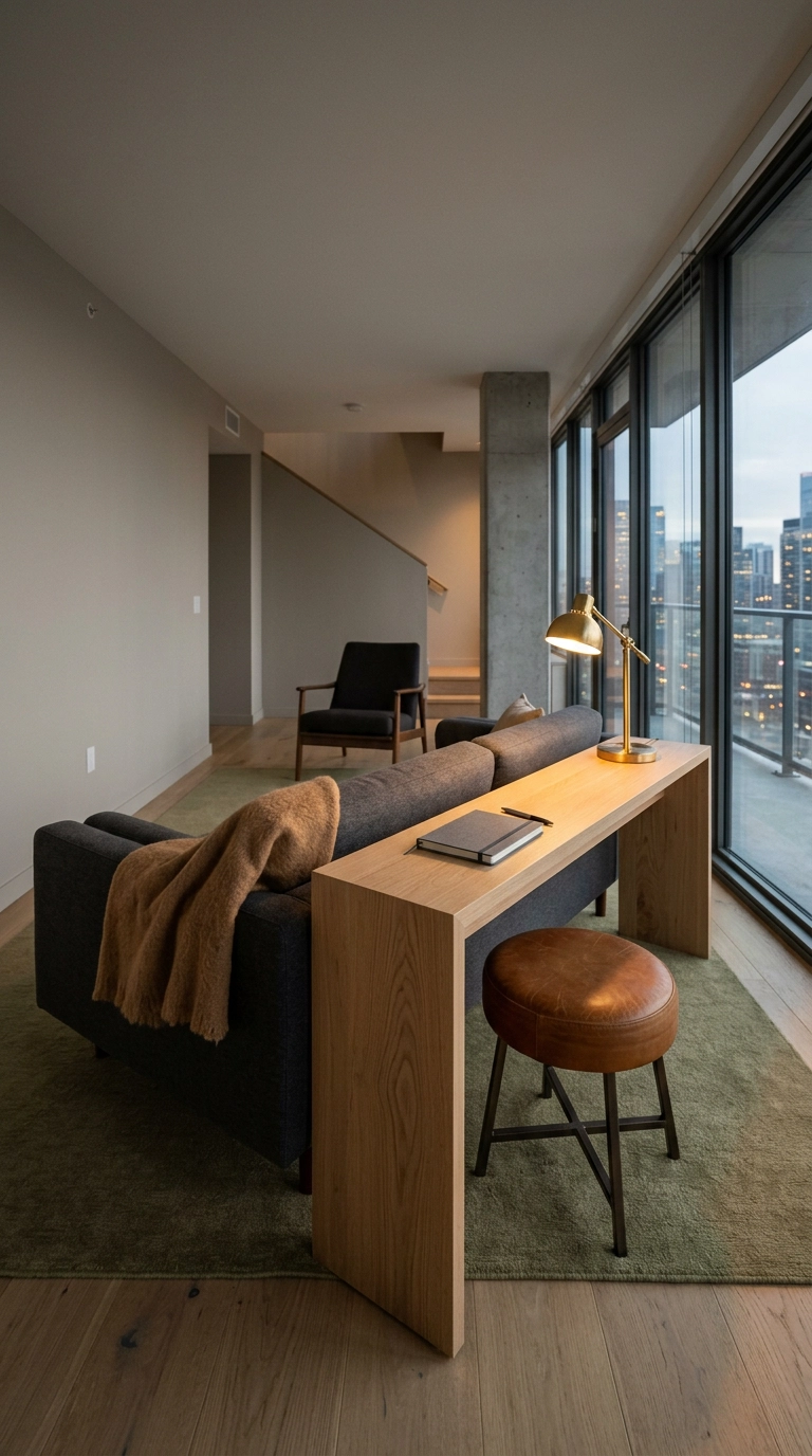 Slim oak console behind a condo living room sofa doubling as a compact work desk