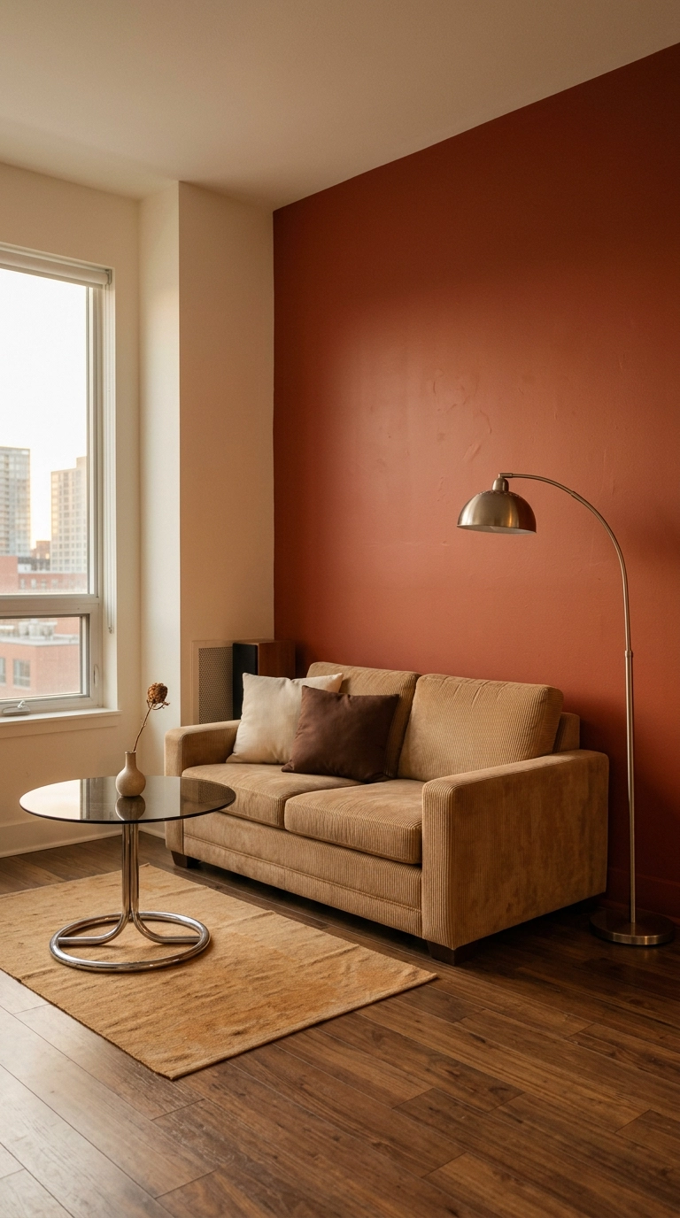 Deep terracotta accent wall behind a tan corduroy sofa in a small condo living room