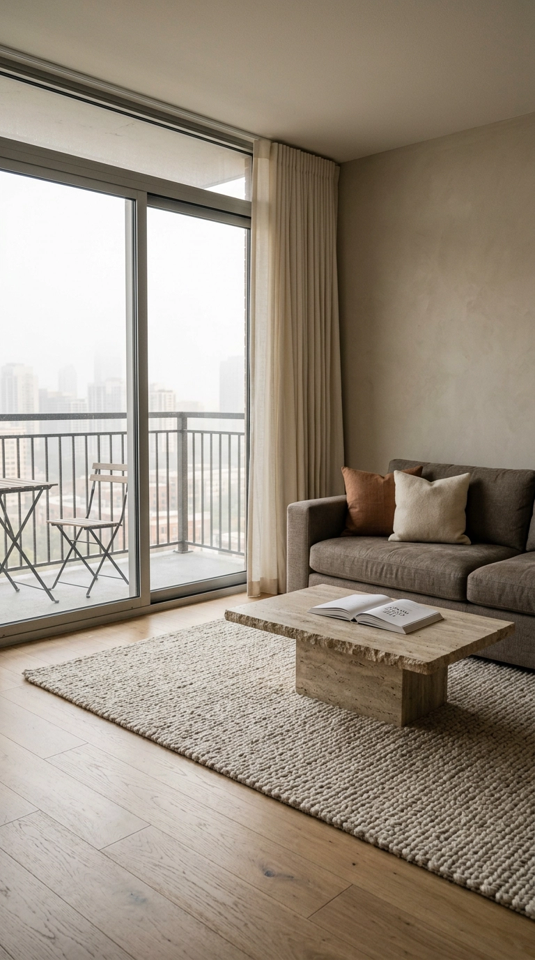 Condo living room arranged so the balcony slider reads as a second focal point