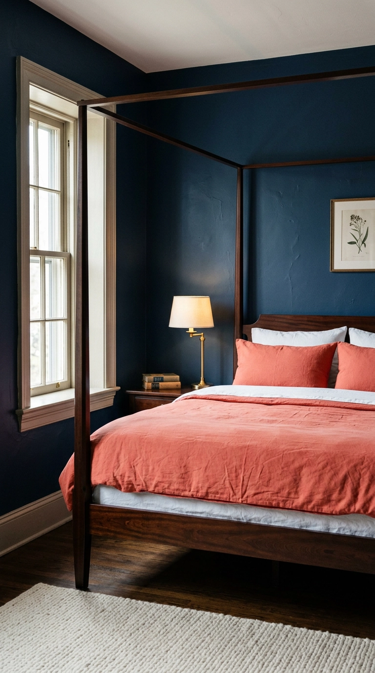 Saturated coral bedding against deep navy bedroom walls with a dark wood bed