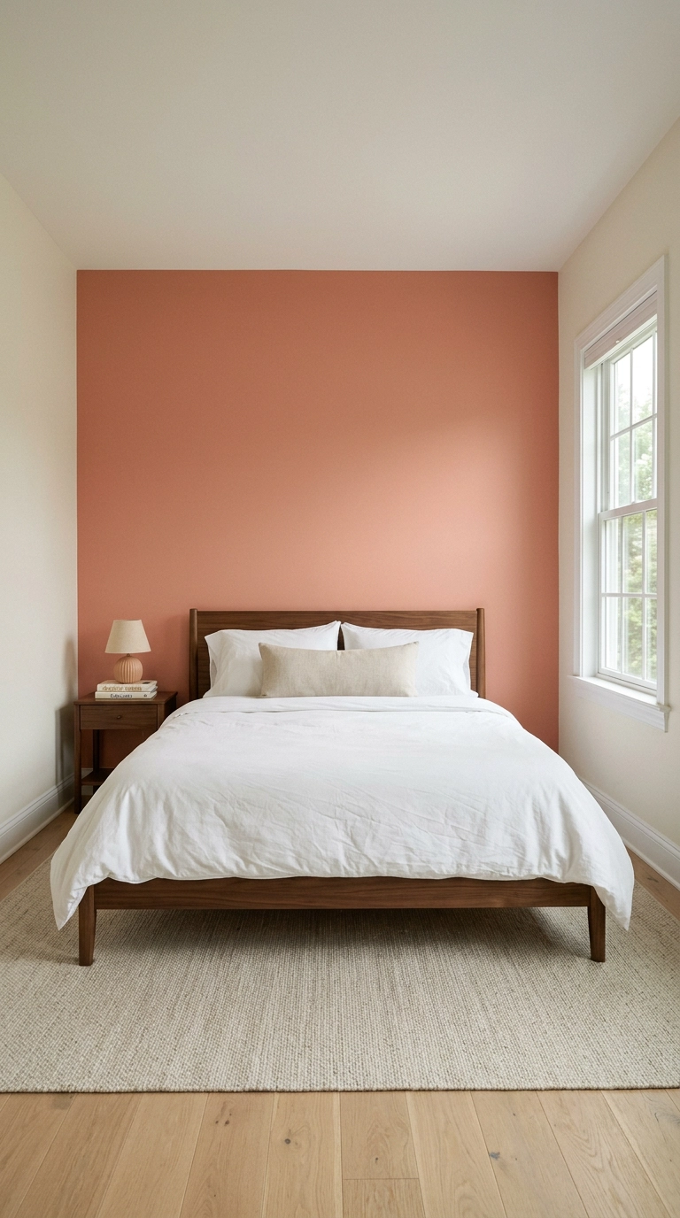 Dusty coral accent wall behind a walnut platform bed with white bedding
