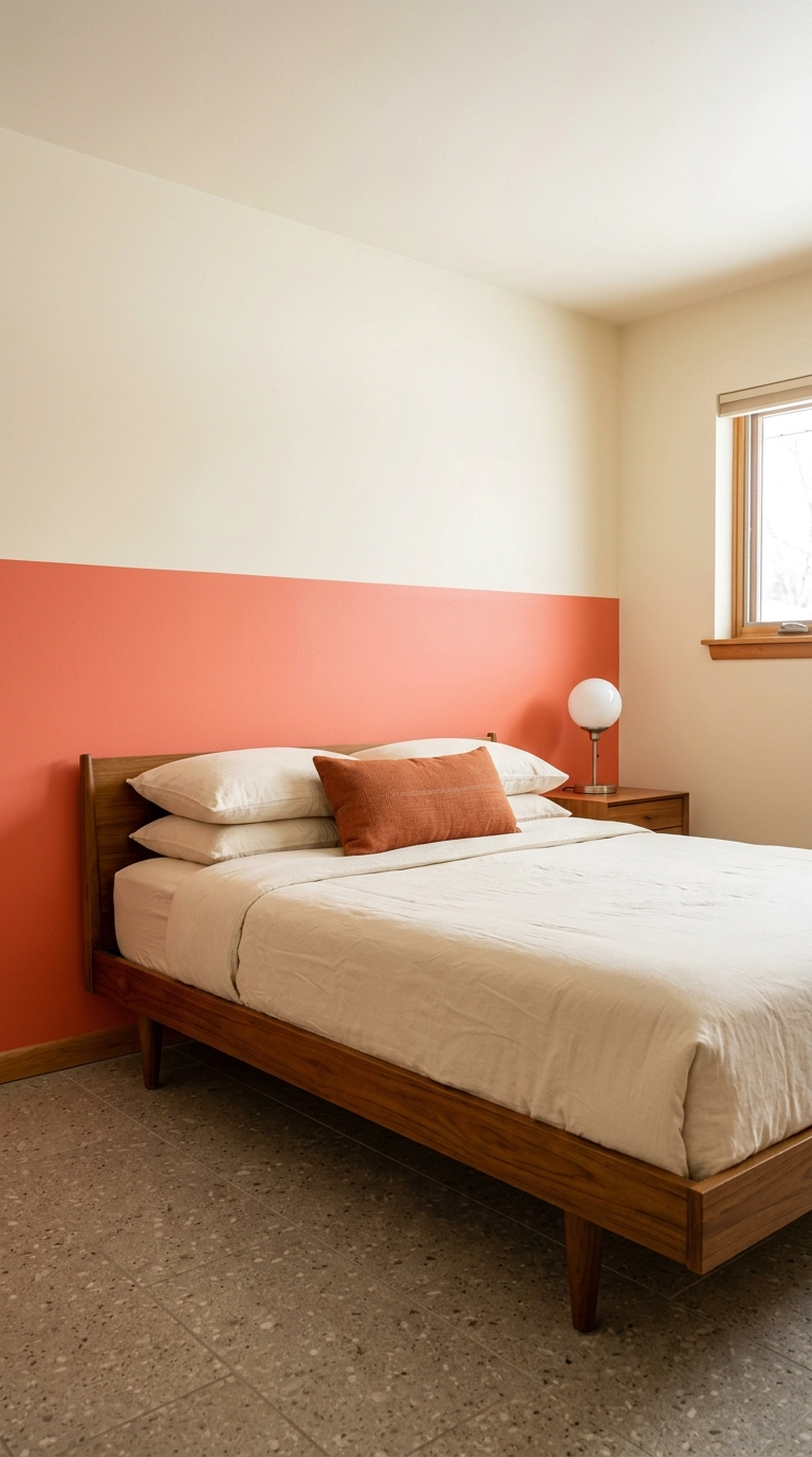 Coral color-blocked half wall painted to 48 inches behind a teak platform bed