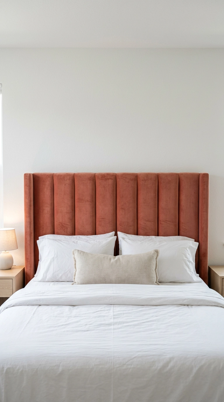 Dusty coral channel-tufted velvet headboard with crisp white bedding