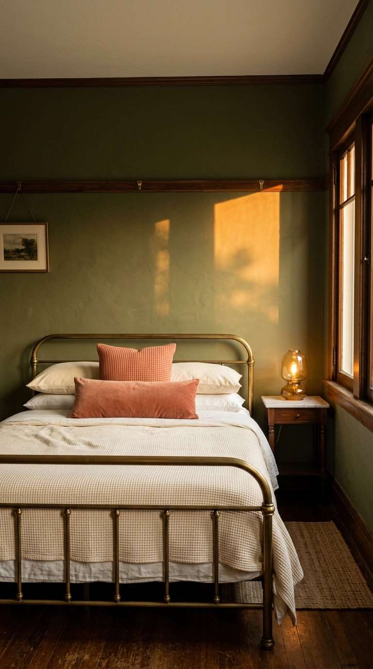 Coral velvet accents on a brass bed against deep olive green bedroom walls