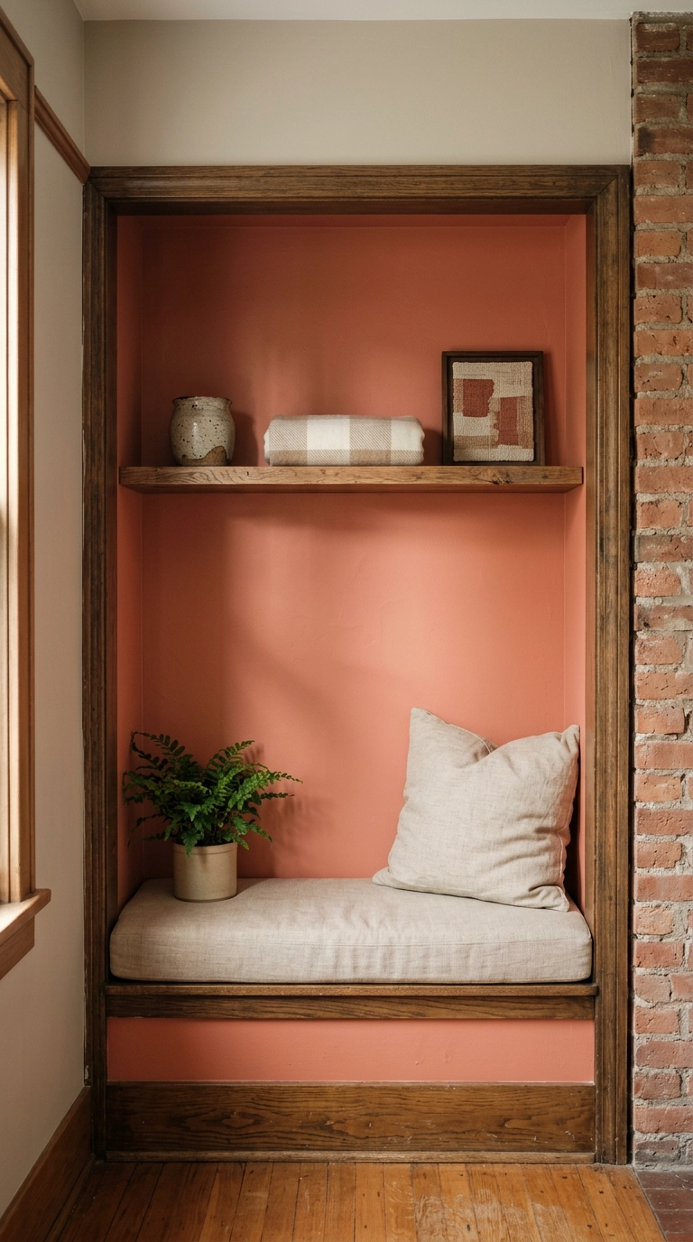 Bedroom alcove with interior walls painted warm coral clay and a single oak shelf