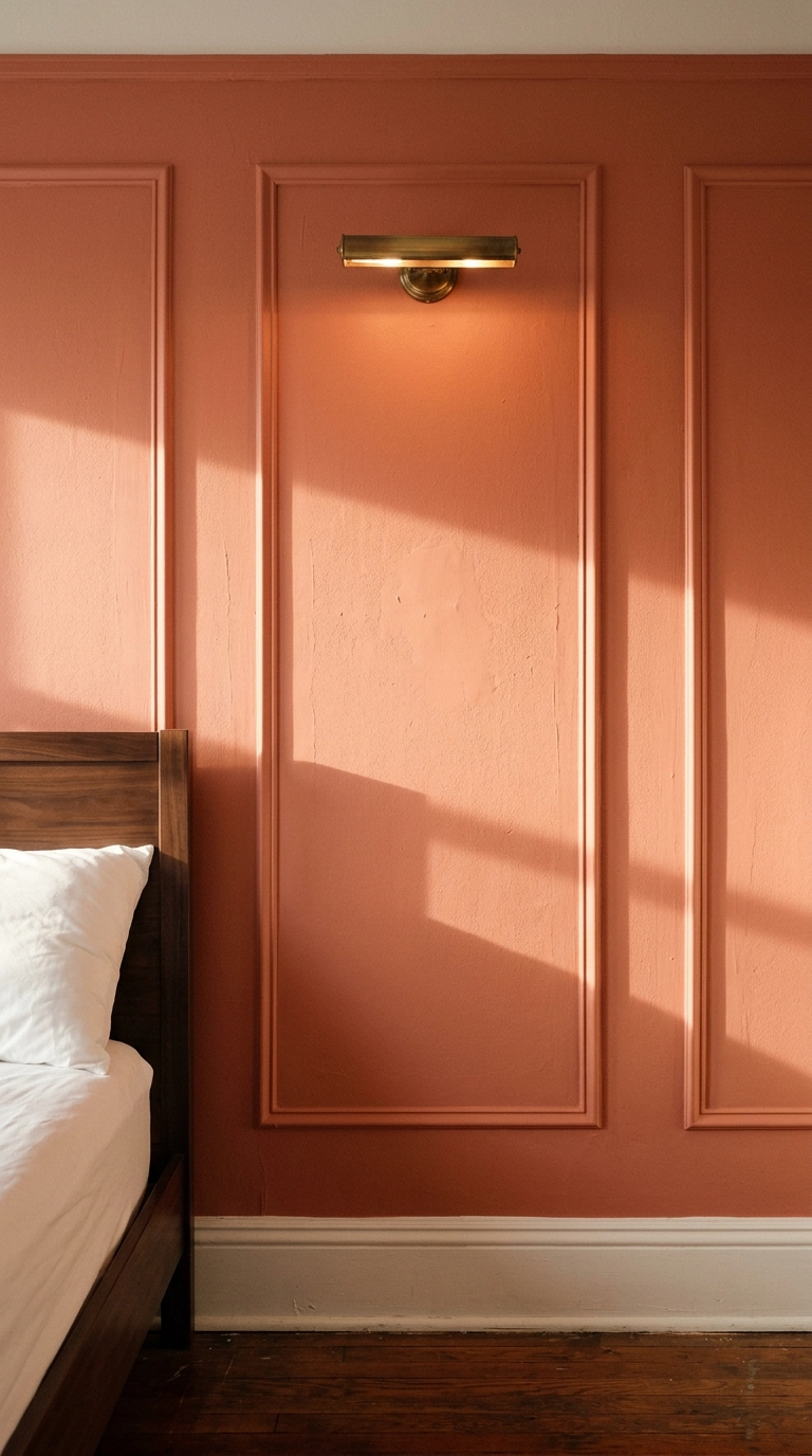 Coral picture-frame wall molding catching afternoon shadow lines in a bedroom