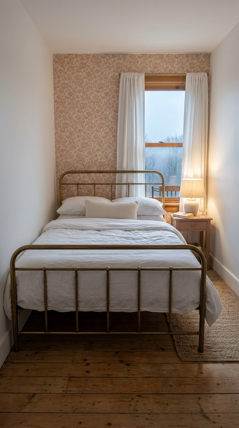 Coral botanical peel-and-stick wallpaper on the headboard wall of a small bedroom