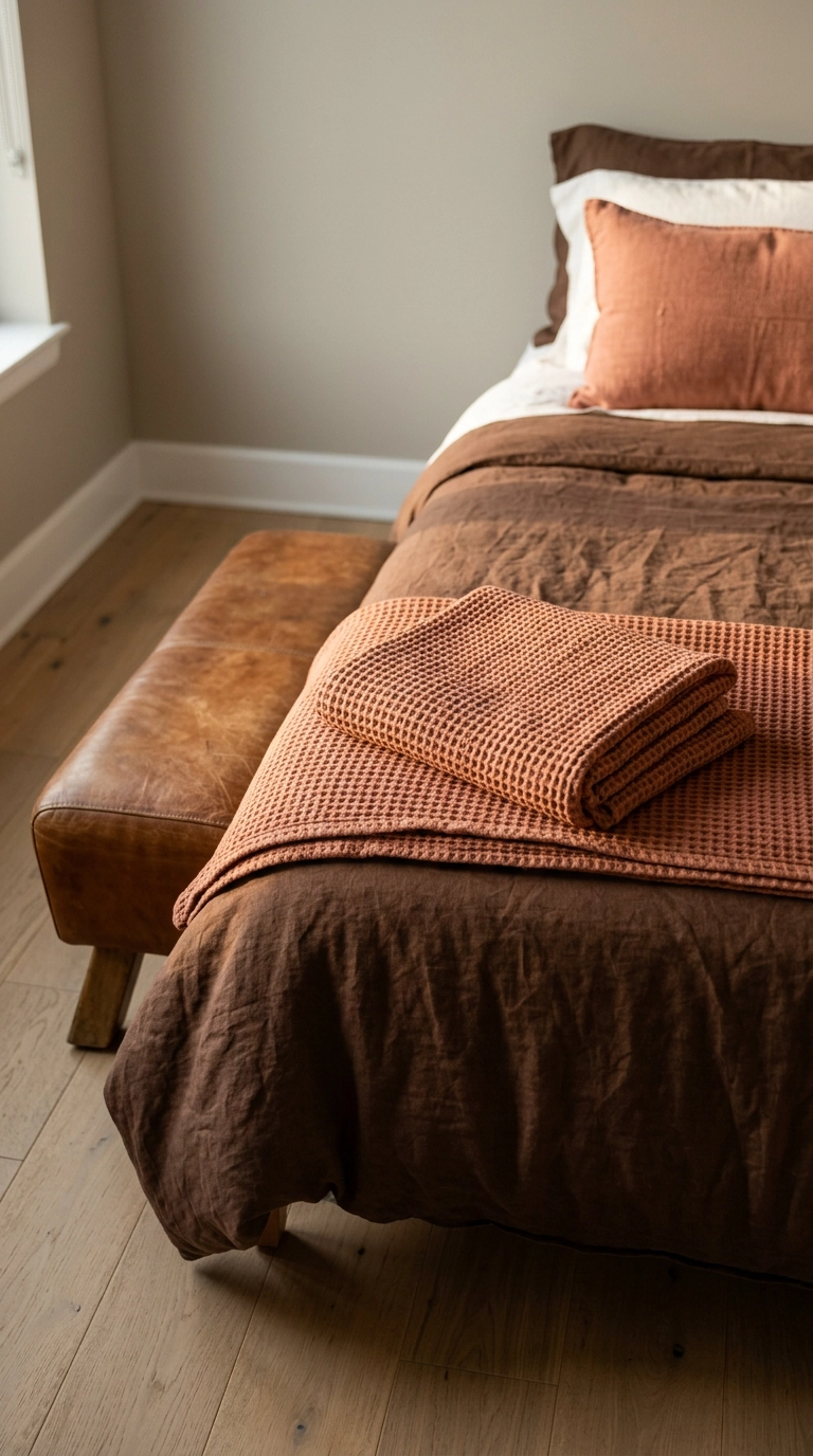 Muted terracotta-coral throw blanket folded across the foot of a brown linen bed
