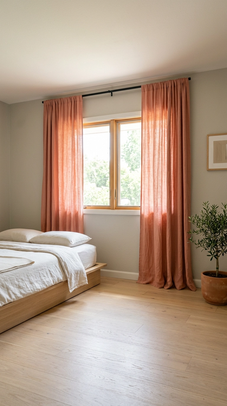 Faded coral linen curtains hung high on a wide bedroom window