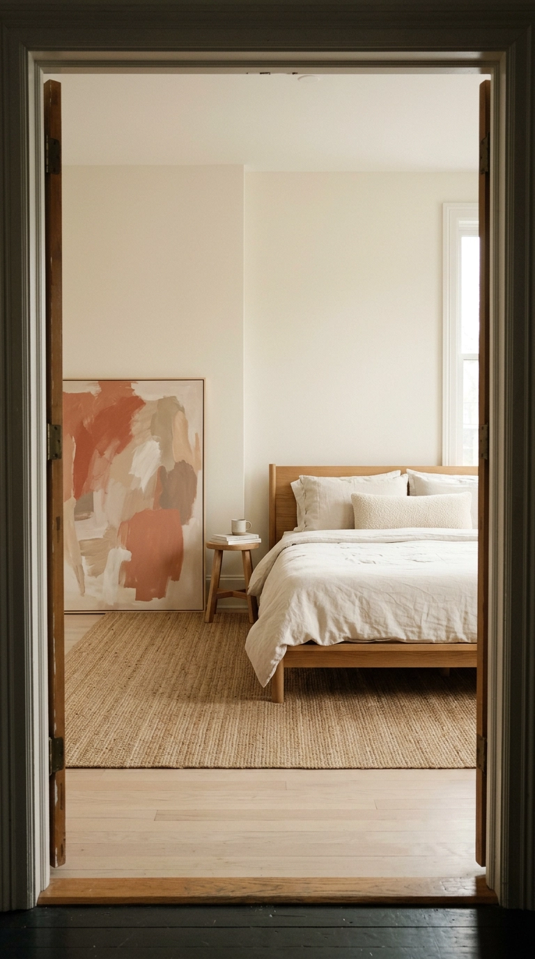 Large abstract coral canvas leaning on the floor of a neutral bedroom