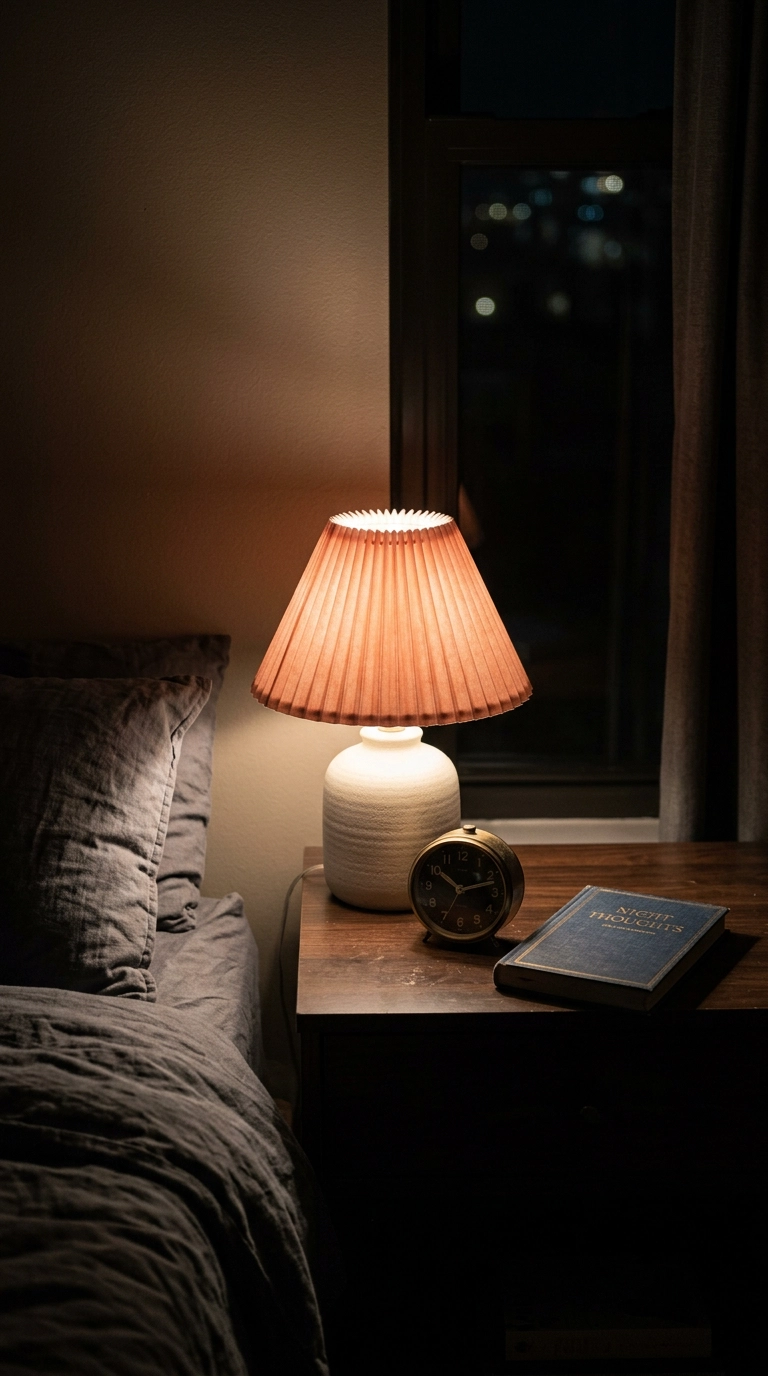 Soft peachy coral pleated lampshade glowing on a walnut nightstand at night