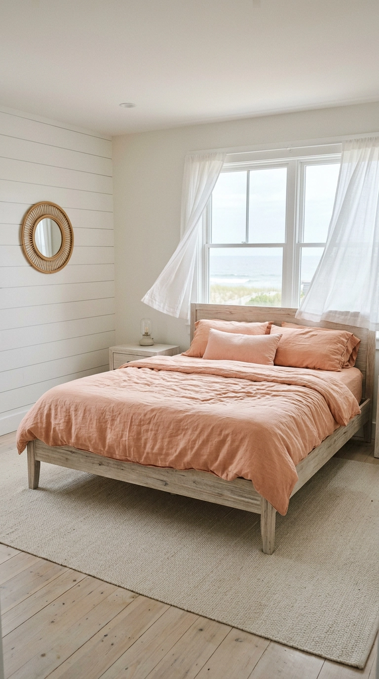 Sun-bleached peachy coral linen bedding in an airy white coastal bedroom