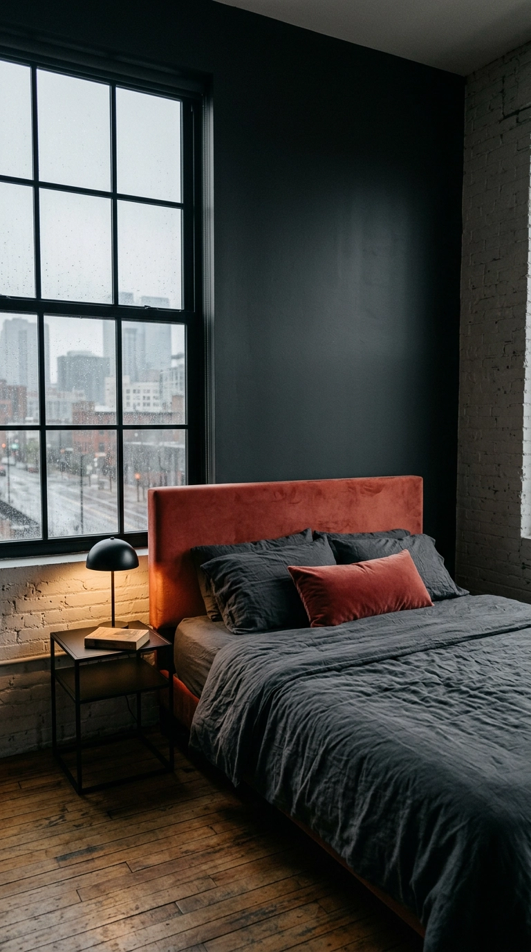 Deep coral velvet headboard against charcoal grey bedroom walls on a rainy day