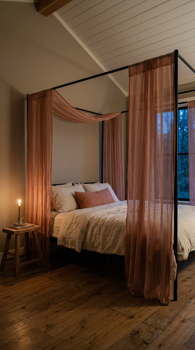 Sheer dusty coral gauze panels draped on a black metal canopy bed at night