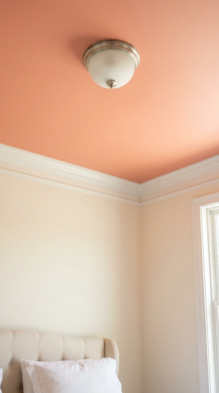 Soft peachy coral painted bedroom ceiling with white walls and crown molding