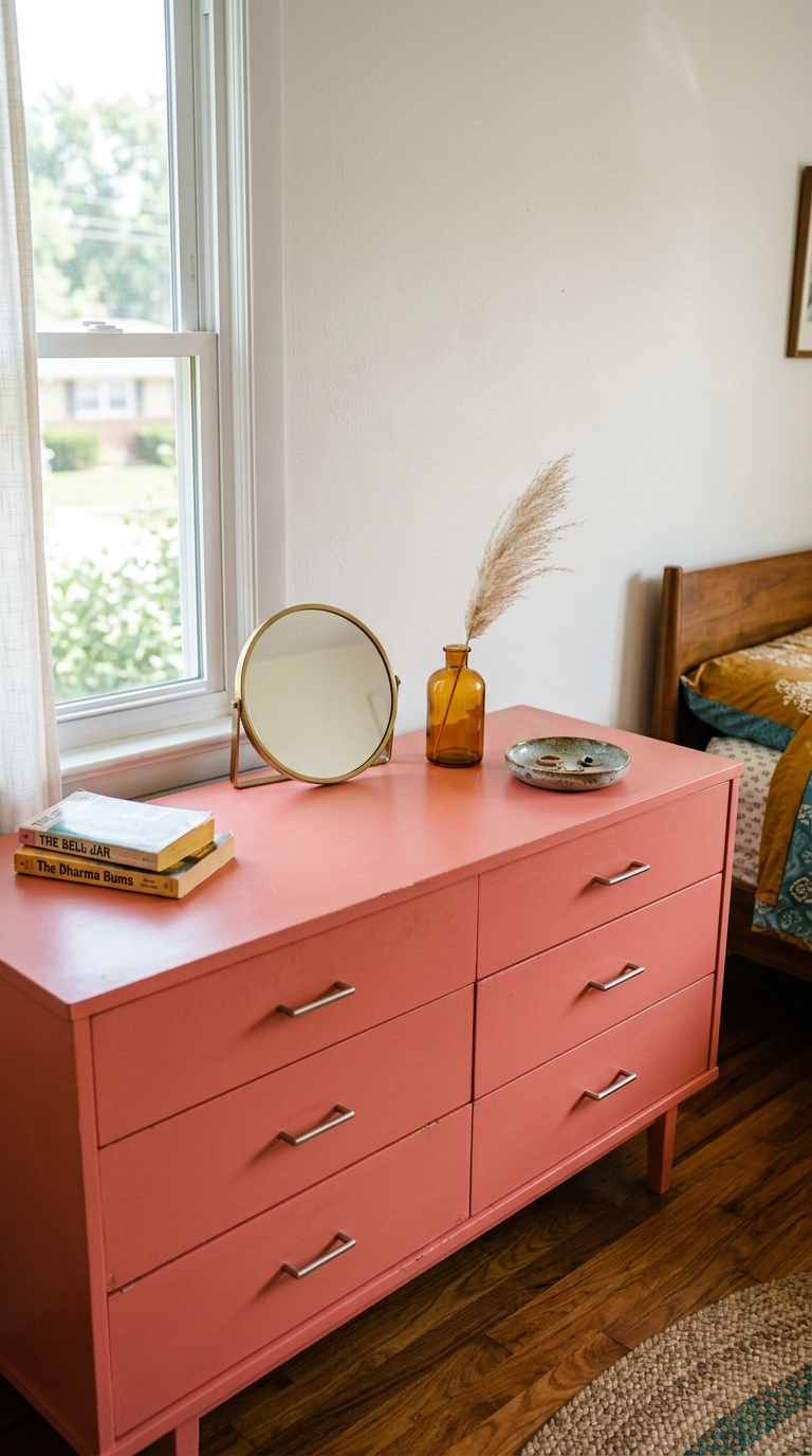 Vintage dresser painted saturated coral with a small mirror and amber vase on top
